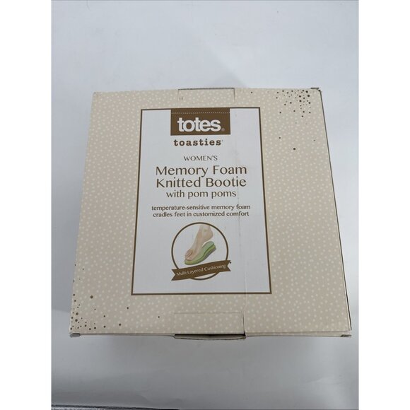 New TOTES TOASTIES Womens Size 7-8 Memory Foam Knitted Bootie Pom Poms Grey - Picture 3 of 4